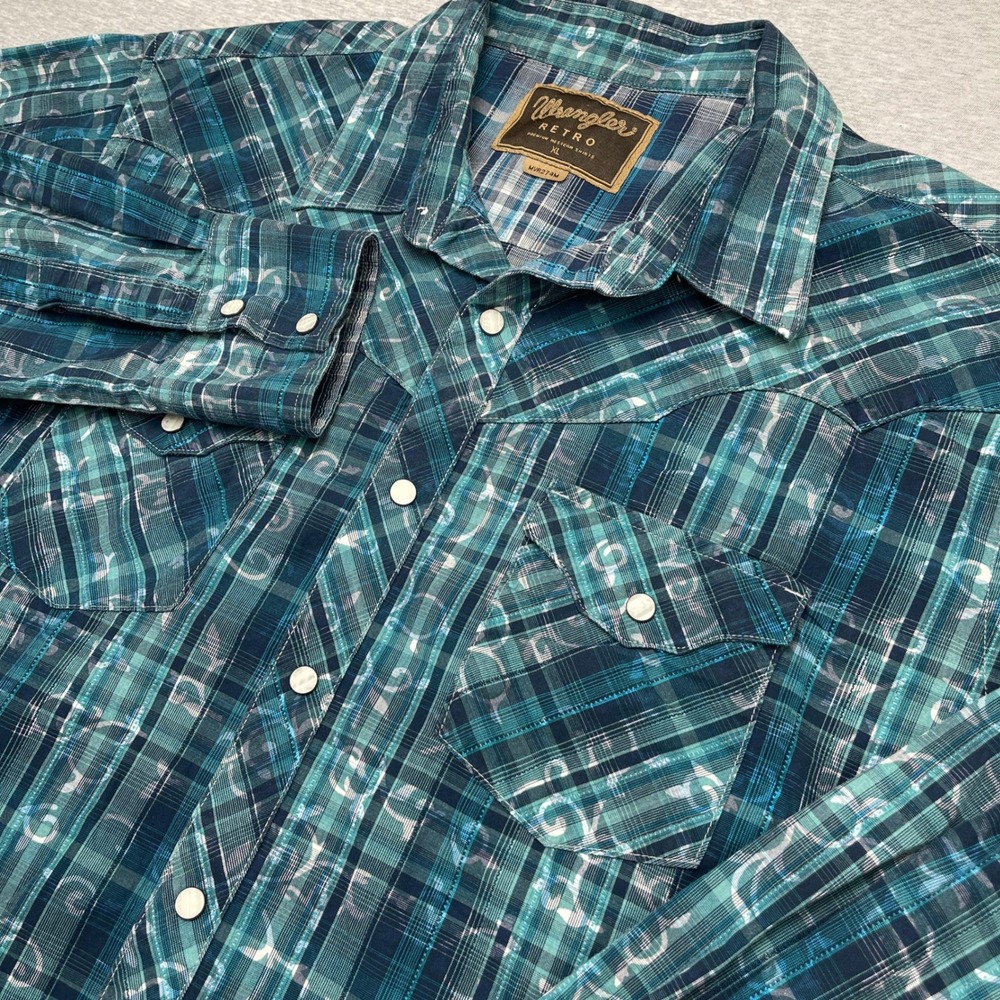 Wrangler Retro Mens XL Teal Plaid Scroll Snap Button Western Shirt Snap MVR274M